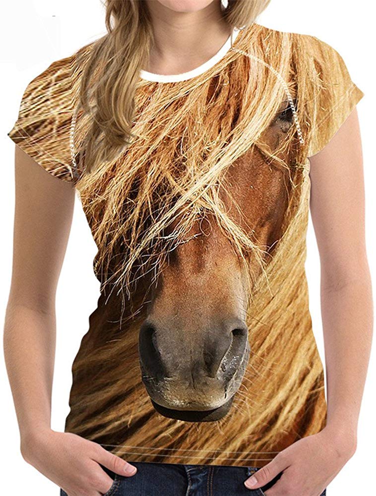 Horse Print Women T Shirt Art Design Tee Girls Elastic Short Sleeve Horse3
