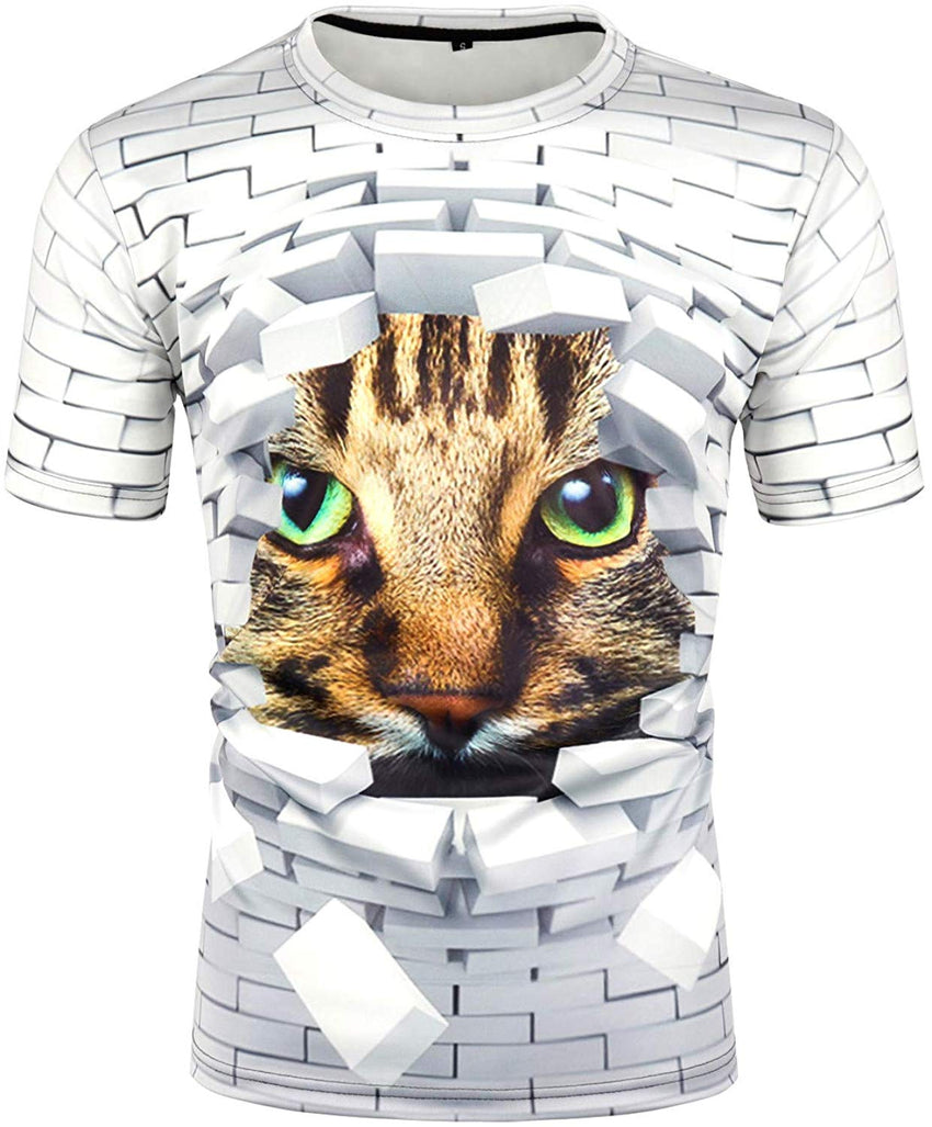 Mens T Shirt Cat 3D Printing Tops Short Sleeve White