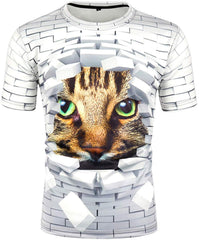 Mens T Shirt Cat 3D Printing Tops Short Sleeve White