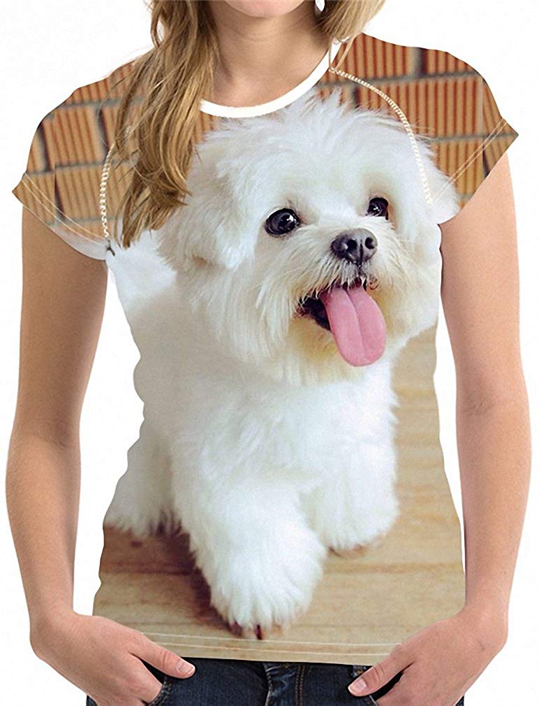Womens 3D Maltese Dog Print Short Sleeve Breathable Tshirt Tops Tee H10848bv