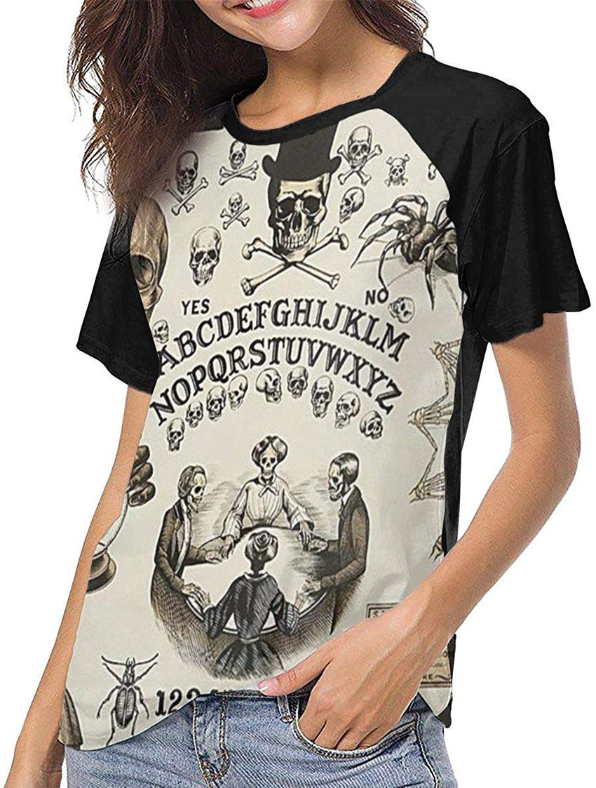 Trick Or Treat Ouija Board Skulls Crossbones Womens 3D Printed Baseball T Shirts Short Sleeve Graphic Tee Black
