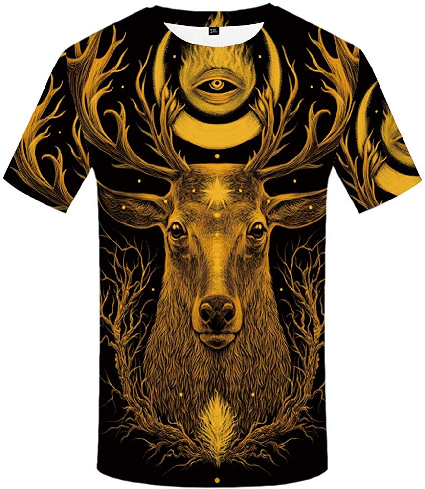Unisex 3D Printed Creative Graphic Short Sleeved Soft T Shirt for Men Tee Deer T Shirts