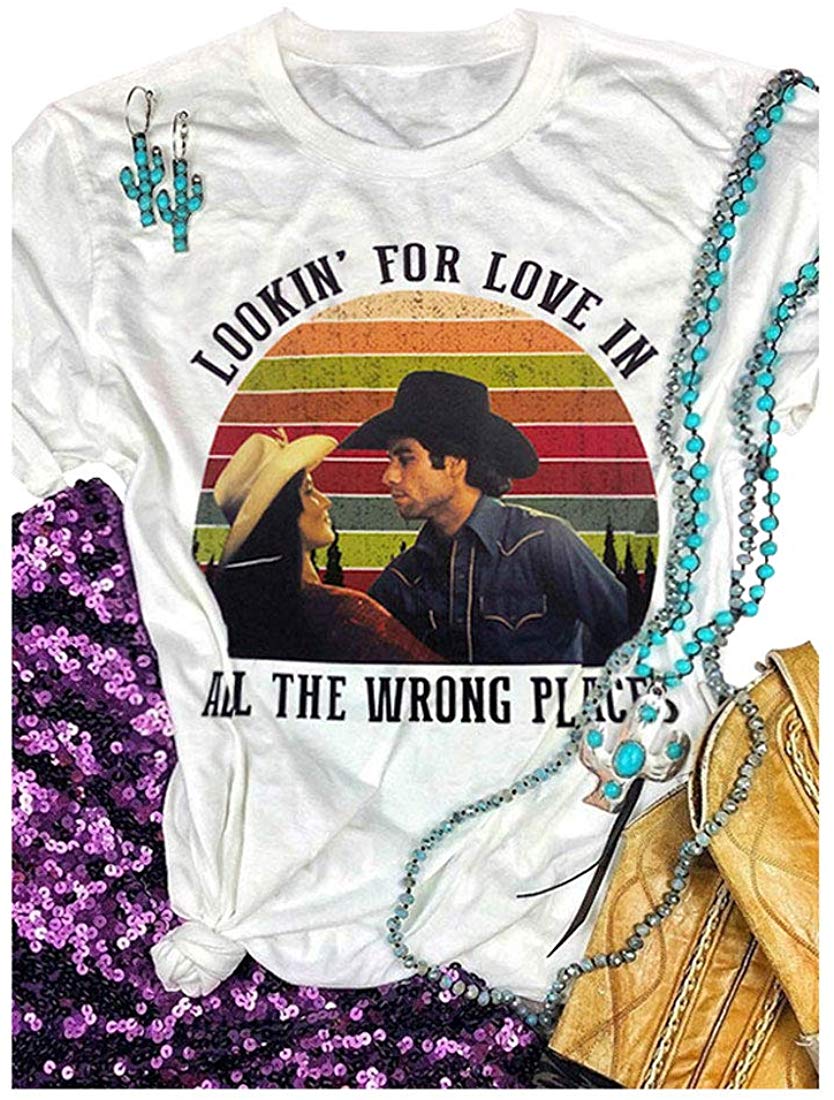 Looking for Love in All The Wrong Places Shirt Country Music Funny T Shirt Tops for Women Vintage Graphic Short Sleeve Tees White