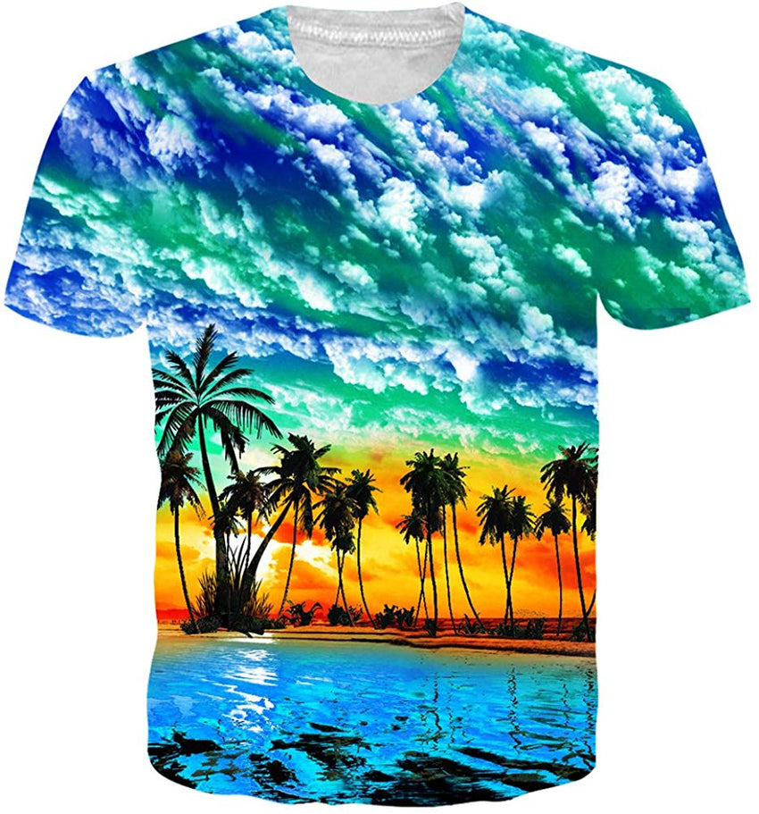 Men Women 3D Novelty Graphic T Shirts Short Sleeve Crewneck Tie Dye Tee Tops for Casual Palm Tree3