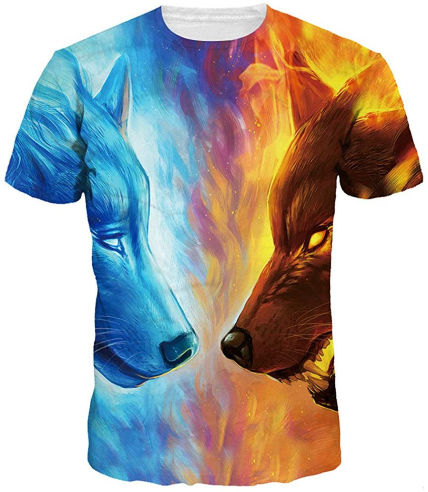 Unisex Casual 3D Wolf Head Pattern Printed Short Sleeve T Shirts Top Tees Ice Fire Wolf