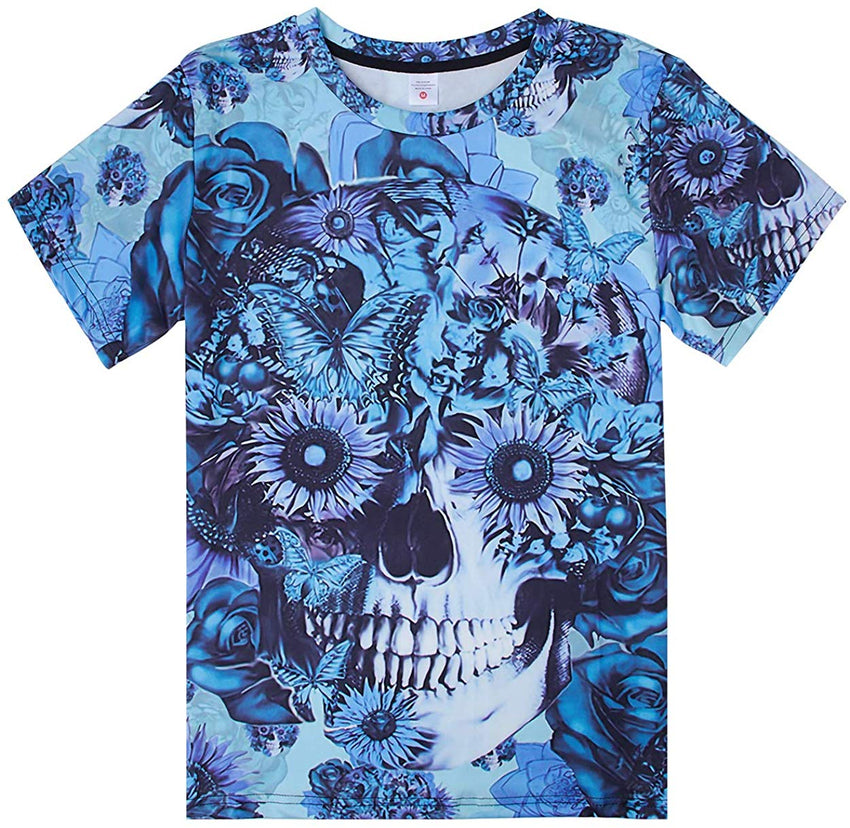 Unisex Cool Novelty 3D Graphic Print T Shirts Summer Short Sleeve Crewneck Tees Casual Tops Blue Skull