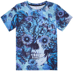 Unisex Cool Novelty 3D Graphic Print T Shirts Summer Short Sleeve Crewneck Tees Casual Tops Blue Skull