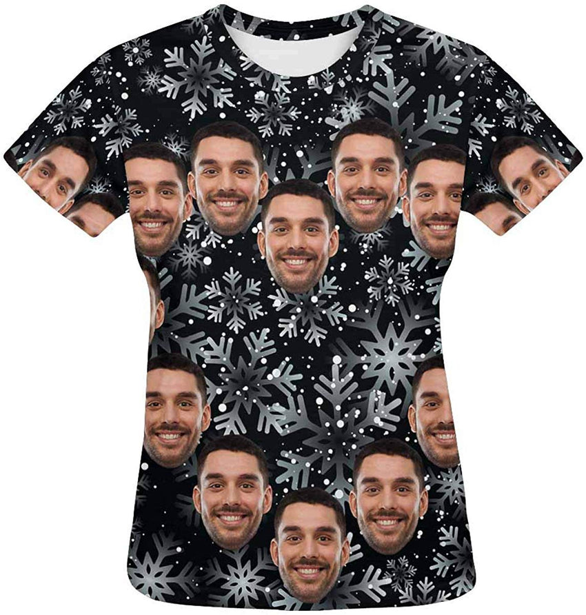 Custom Women's T Shirt with Faces Galaxy Personalized Print Short Sleeve Shirts Snowflakes 1
