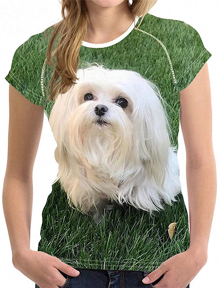 Womens 3D Maltese Dog Print Short Sleeve Breathable Tshirt Tops Tee H10847bv