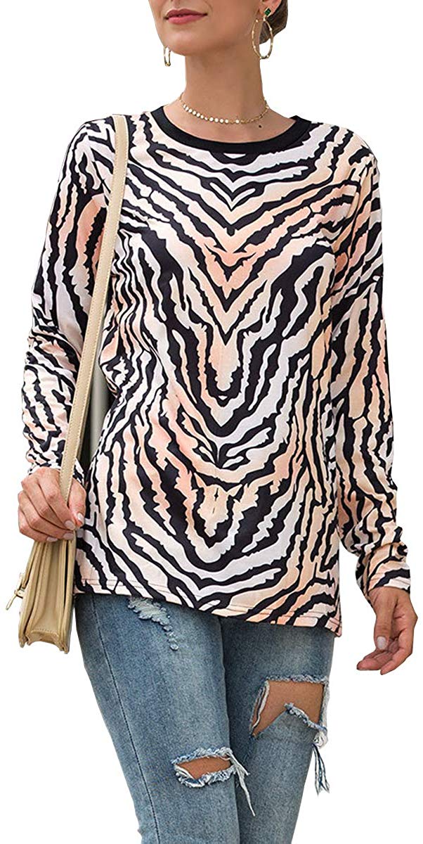 Women's Casual Leopard Print T Shirt Round Neck Cute Long Sleeve Soft Stretchy Blouse Comfy Tops Shirts Zebra Print Orange