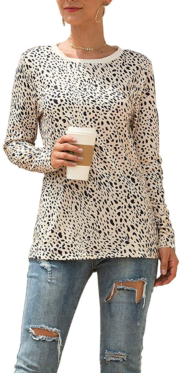 Women's Casual Leopard Print T Shirt Round Neck Cute Long Sleeve Soft Stretchy Blouse Comfy Tops Shirts Leopard Print Beige