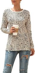 Women's Casual Leopard Print T Shirt Round Neck Cute Long Sleeve Soft Stretchy Blouse Comfy Tops Shirts Leopard Print Beige