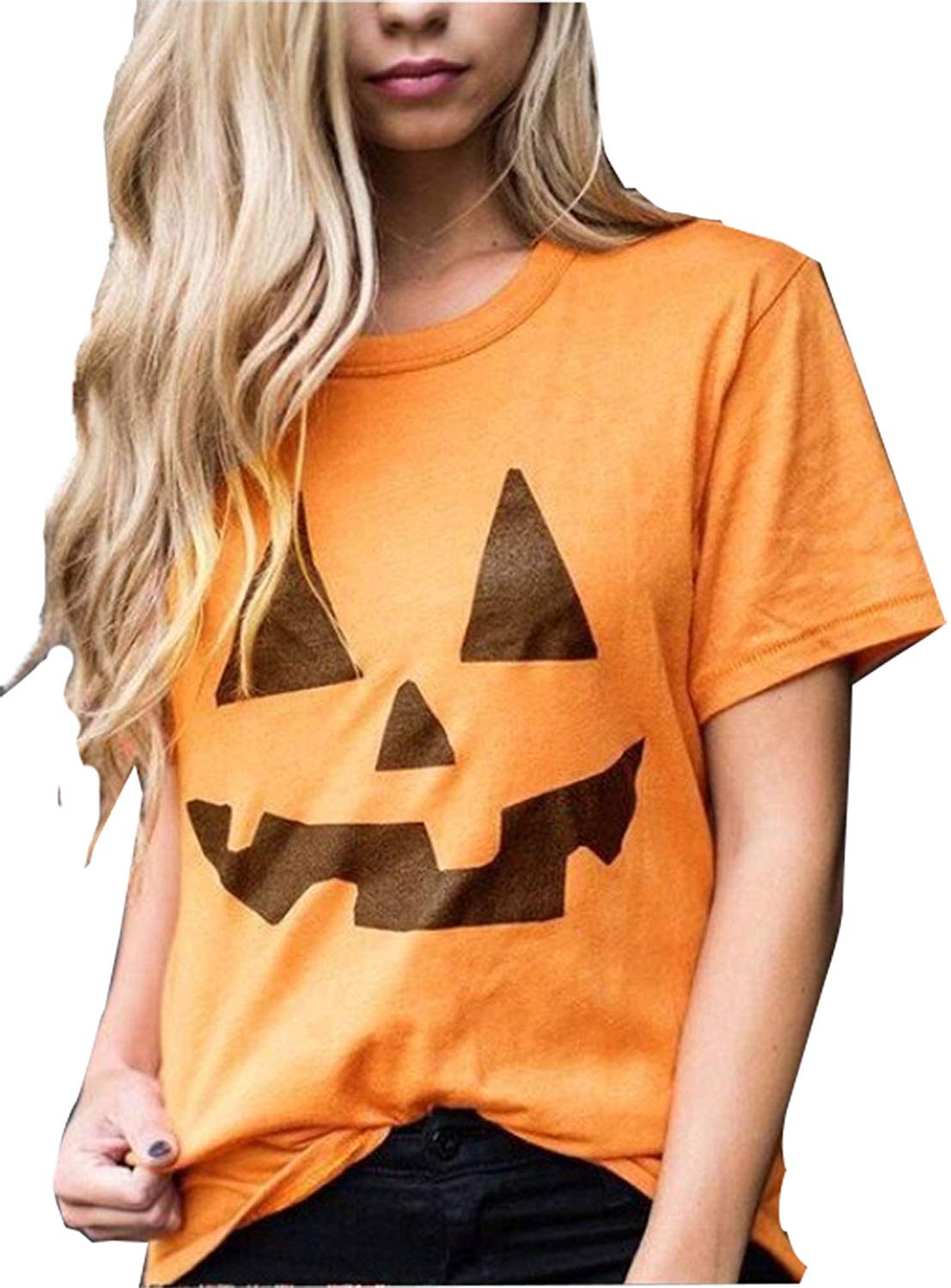 Womens Casual Alien Print Short Sleeve Loose T Shirt Top Orange