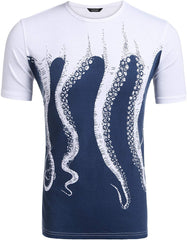 Mens Octopus Short Sleeve Cotton T Shirt Print Tee Casual Shirts Blue