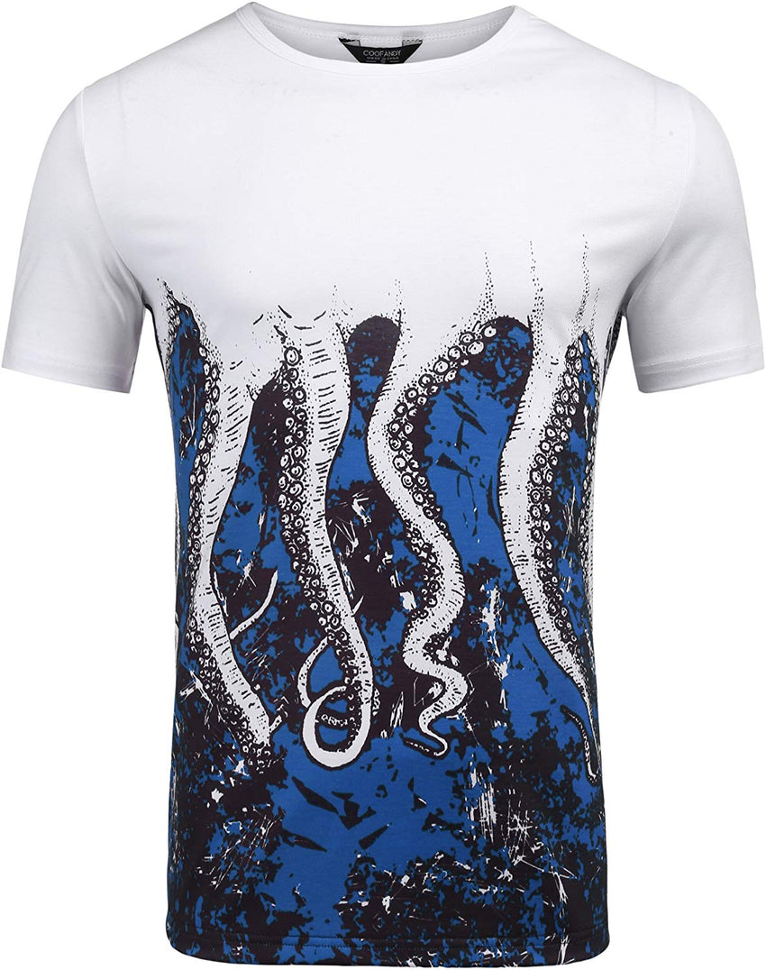 Mens Octopus Short Sleeve Cotton T Shirt Print Tee Casual Shirts Blue 02
