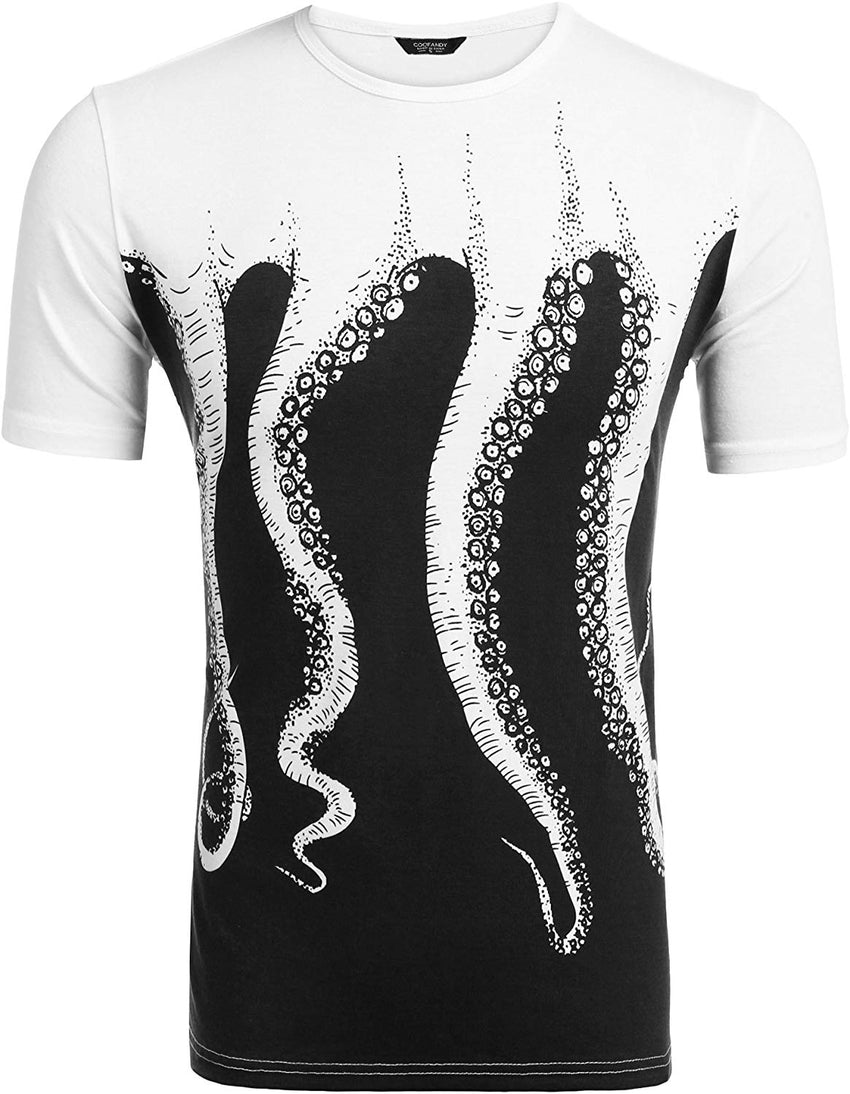 Mens Octopus Short Sleeve Cotton T Shirt Print Tee Casual Shirts Black