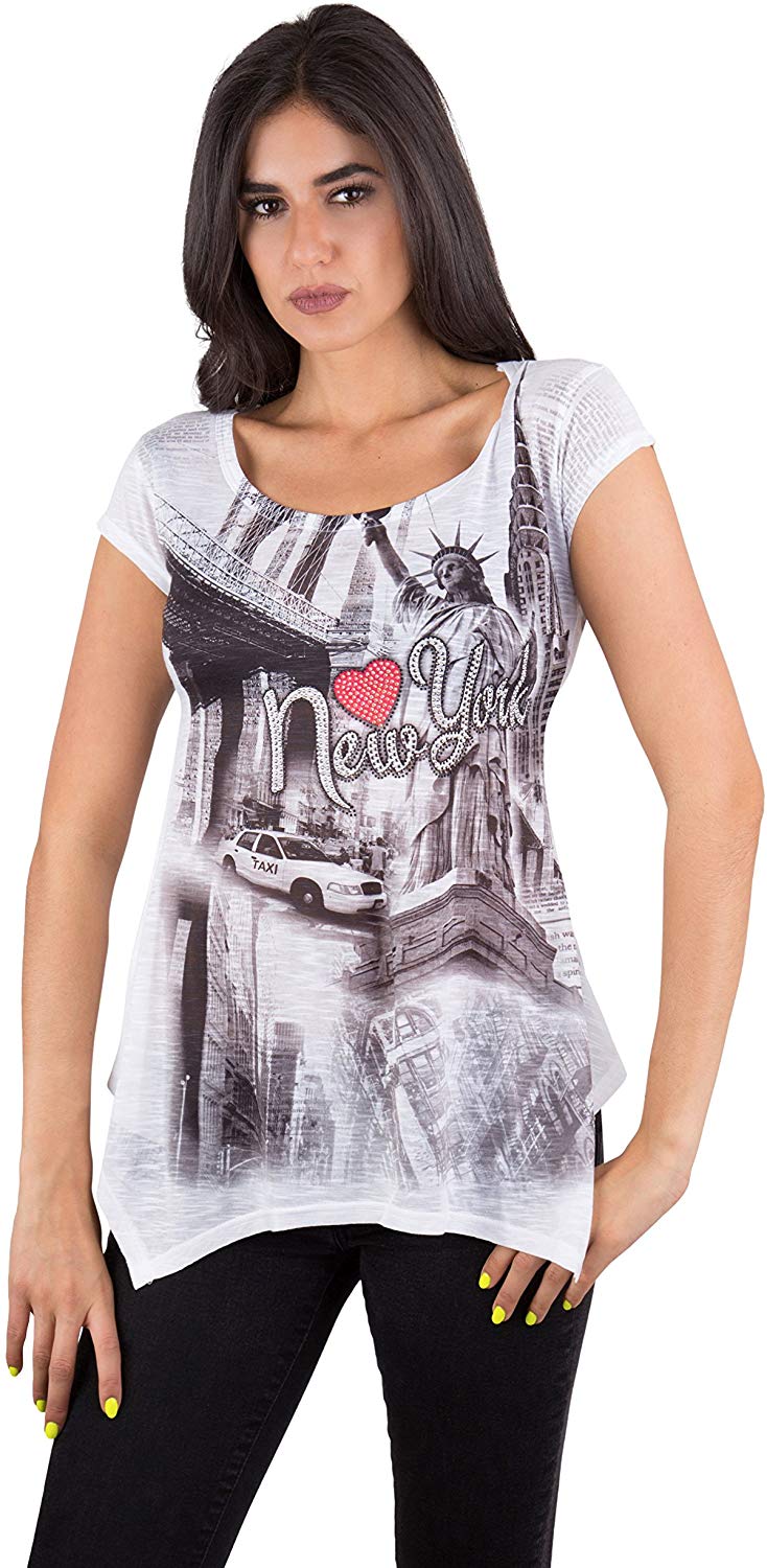 New York NYC T Shirt Colorful and Vivid Printing Decorated with Rhinestones Multicolored 3