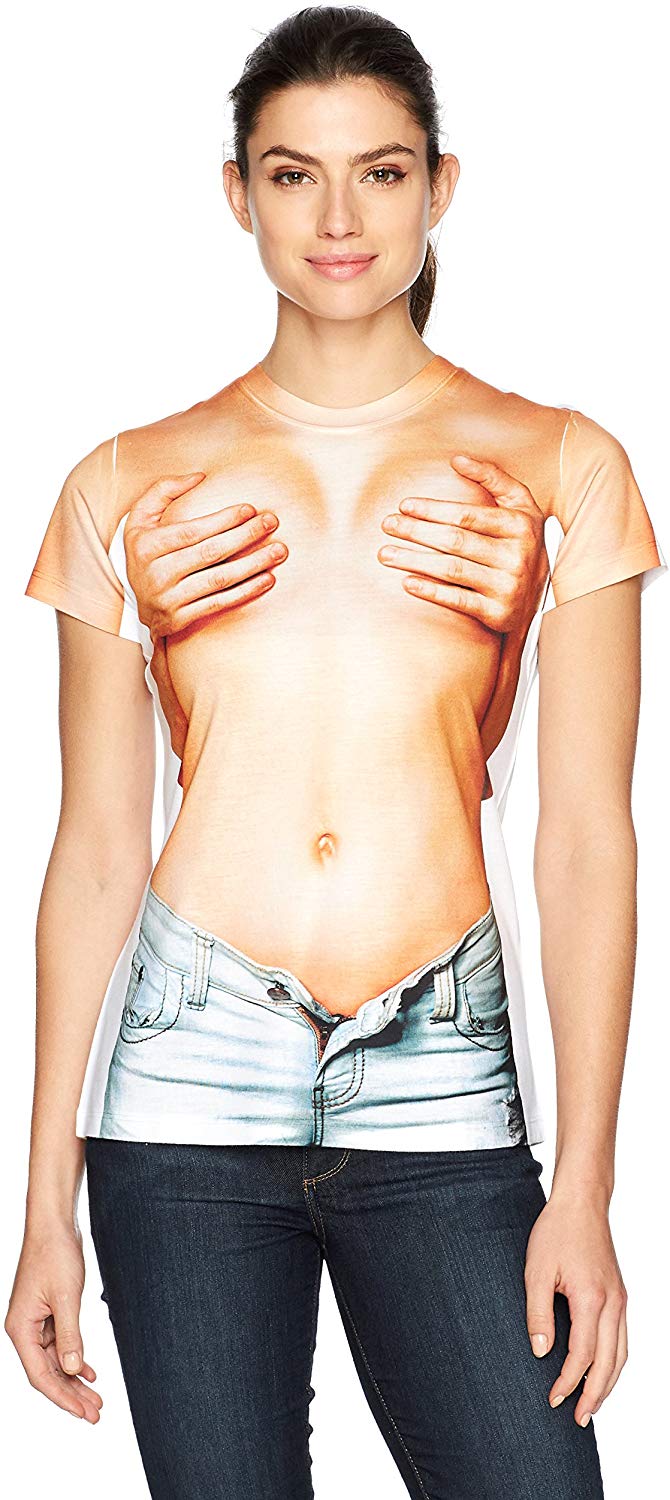 Women's Halloween 3D Photo Realistic Short Sleeve T Shirt Hands Over Chest