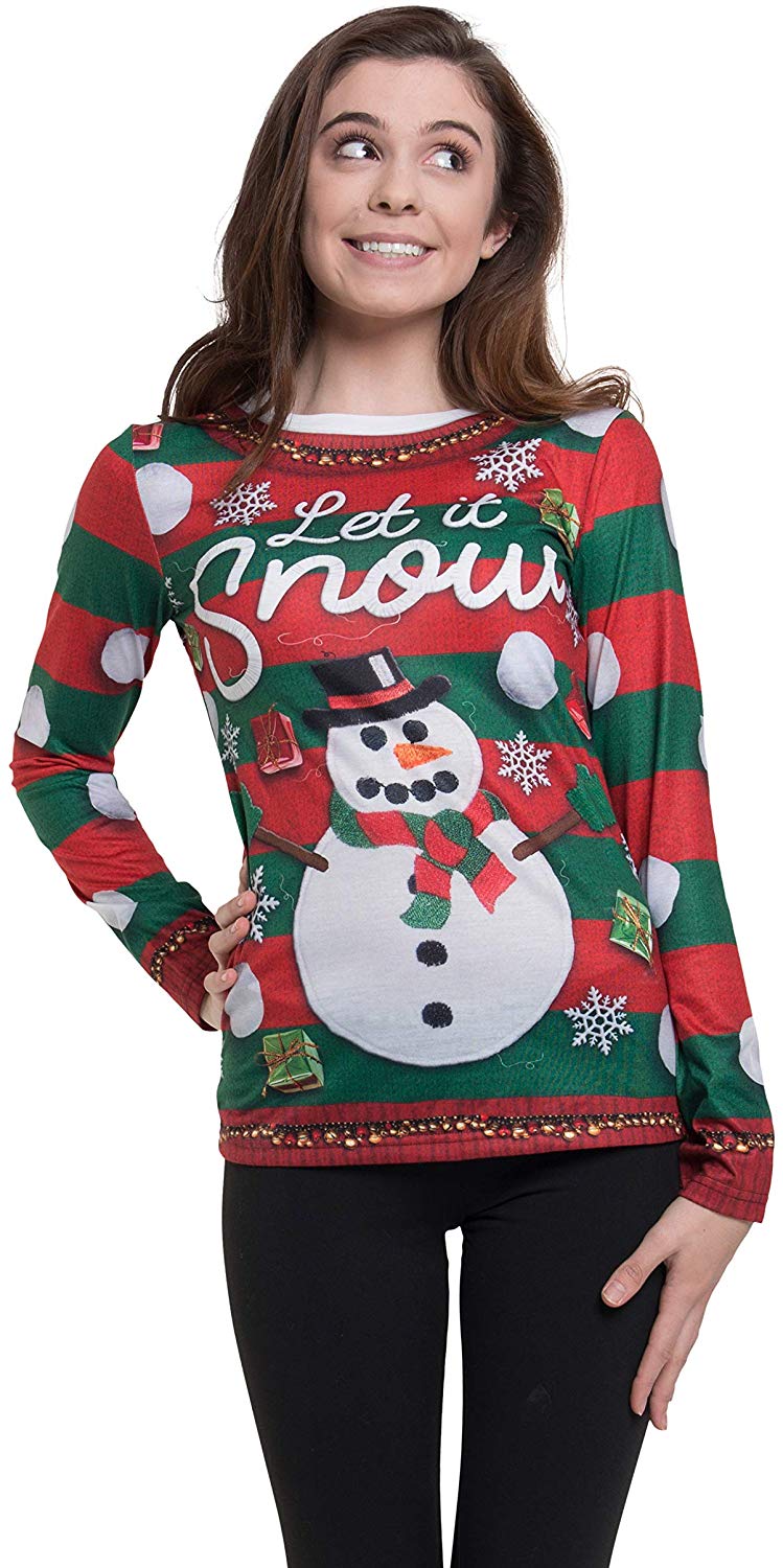 Women's 3D Photo Realistic Ugly Christmas Sweater Long Sleeve T Shirt Let It Snow