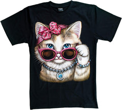 T Shirt Unisex Adult/Kids 3D Glow in Dark Animal Glitter Short Sleeves Family Sizes Cat6 With Pink Sunglasses