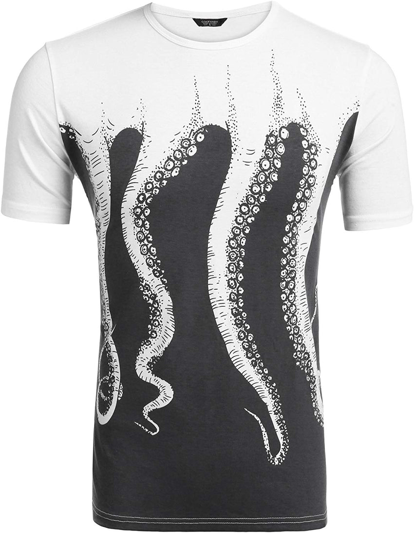 Mens Octopus Short Sleeve Cotton T Shirt Print Tee Casual Shirts Grey