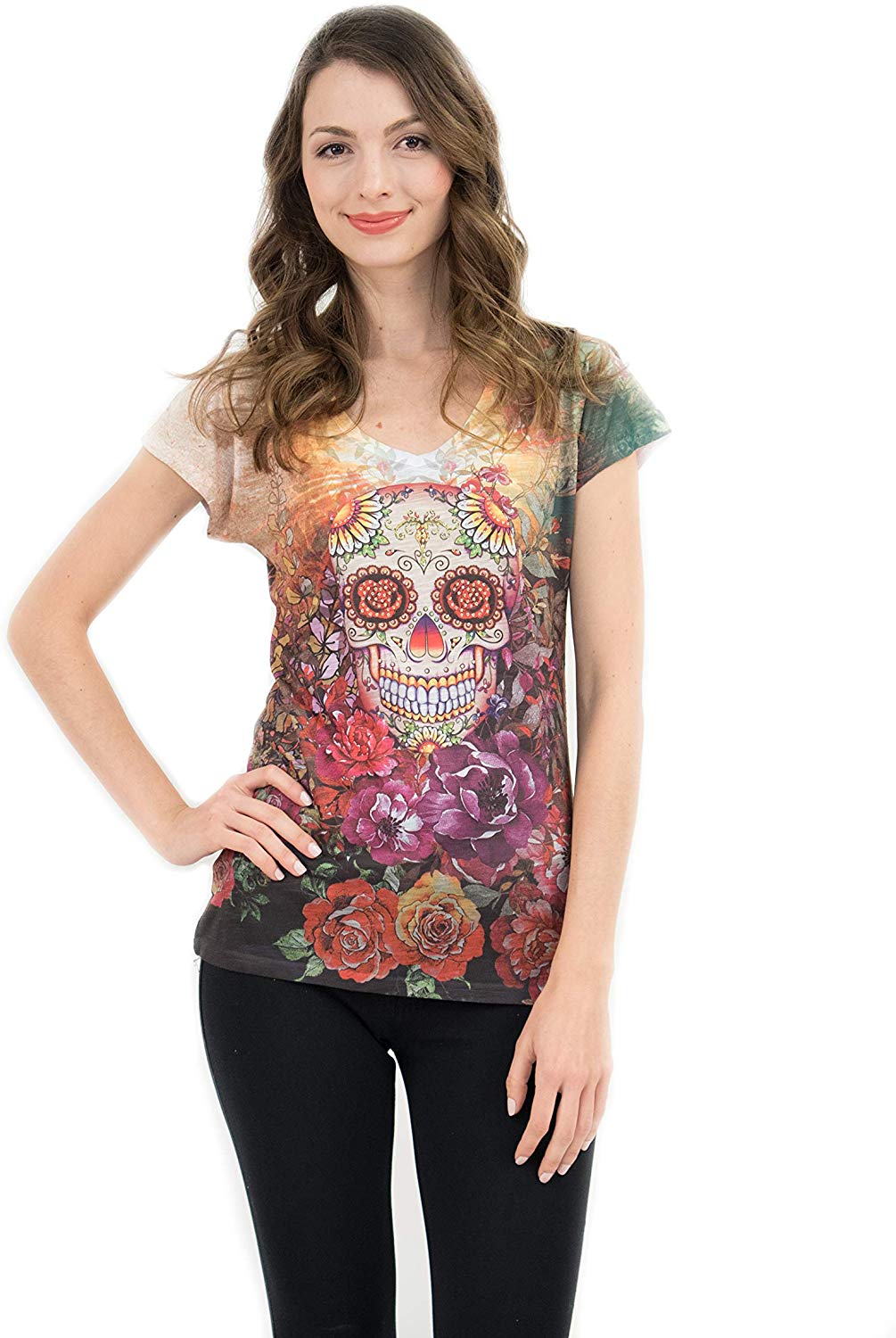 Sugar Skull Shirts for Women V Neck T Shirt Tee Beautiful Print Decorated with Rhinestones Multicolored