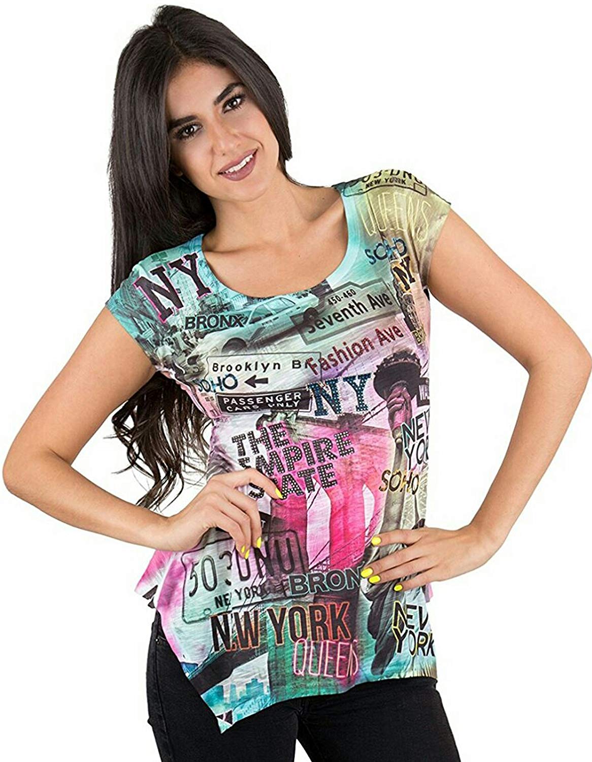 New York NYC T Shirt Colorful and Vivid Printing Decorated with Rhinestones Multicolored 2