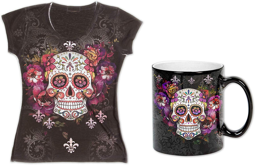 Sugar Skull Shirts for Women V Neck T Shirt Tee Beautiful Print Decorated with Rhinestones Black Cambo