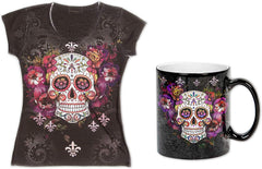 Sugar Skull Shirts for Women V Neck T Shirt Tee Beautiful Print Decorated with Rhinestones Black Cambo