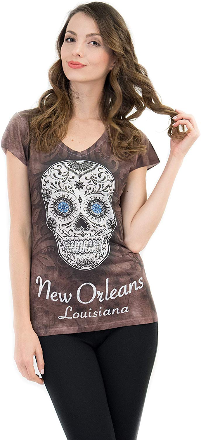 New Orleans Mardi Gras Shirt Vibrant & Colorful Print with Bling Sugar Skull