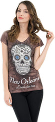 New Orleans Mardi Gras Shirt Vibrant & Colorful Print with Bling Sugar Skull