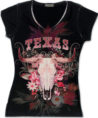 Texas Western Cow Skull Floral 3D Womens V T Shirt with Rhinestones Nature