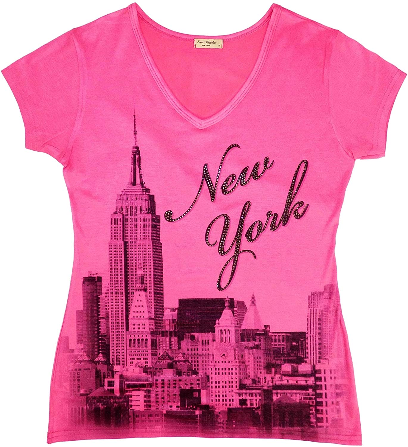 New York NYC T Shirt Colorful and Vivid Printing Decorated with Rhinestones Pink 1