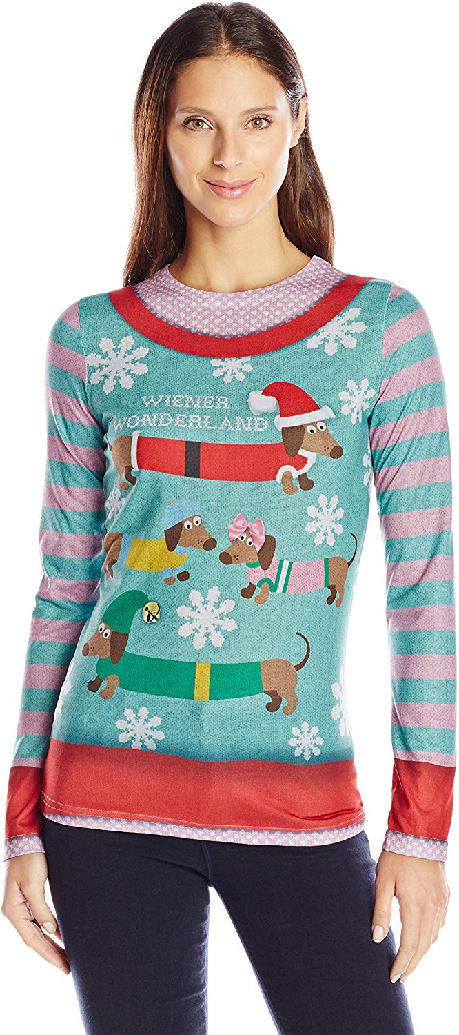 Women's 3D Photo Realistic Ugly Christmas Sweater Long Sleeve T Shirt Wiener Wonderland Ladies