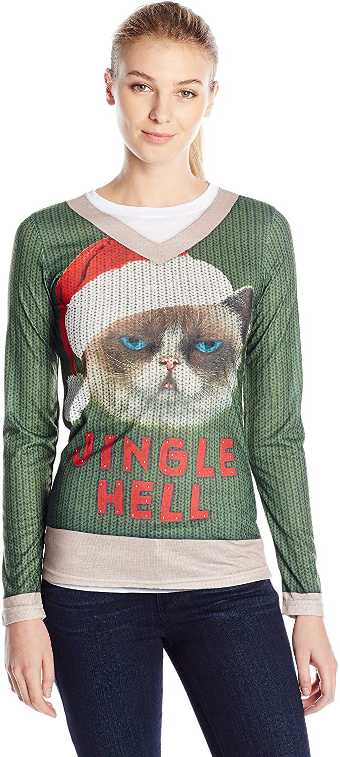 Women's 3D Photo Realistic Ugly Christmas Sweater Long Sleeve T Shirt Hell Cat