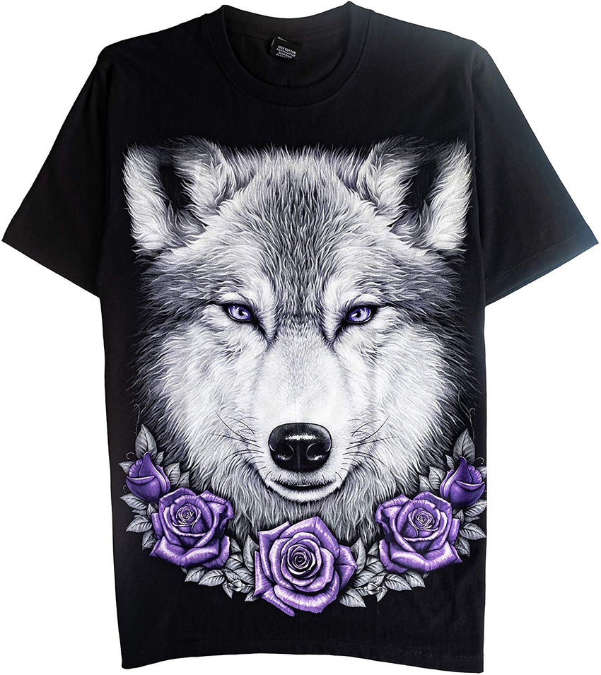 T Shirt Unisex Adult/Kids 3D Glow in Dark Animal Glitter Short Sleeves Family Sizes Wolf 2 With Purple Roses