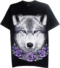 T Shirt Unisex Adult/Kids 3D Glow in Dark Animal Glitter Short Sleeves Family Sizes Wolf 2 With Purple Roses