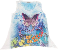 Colorful Butterfly Ladies V Neck 3D Graphic Butterfly T Shirt Rhinestones White