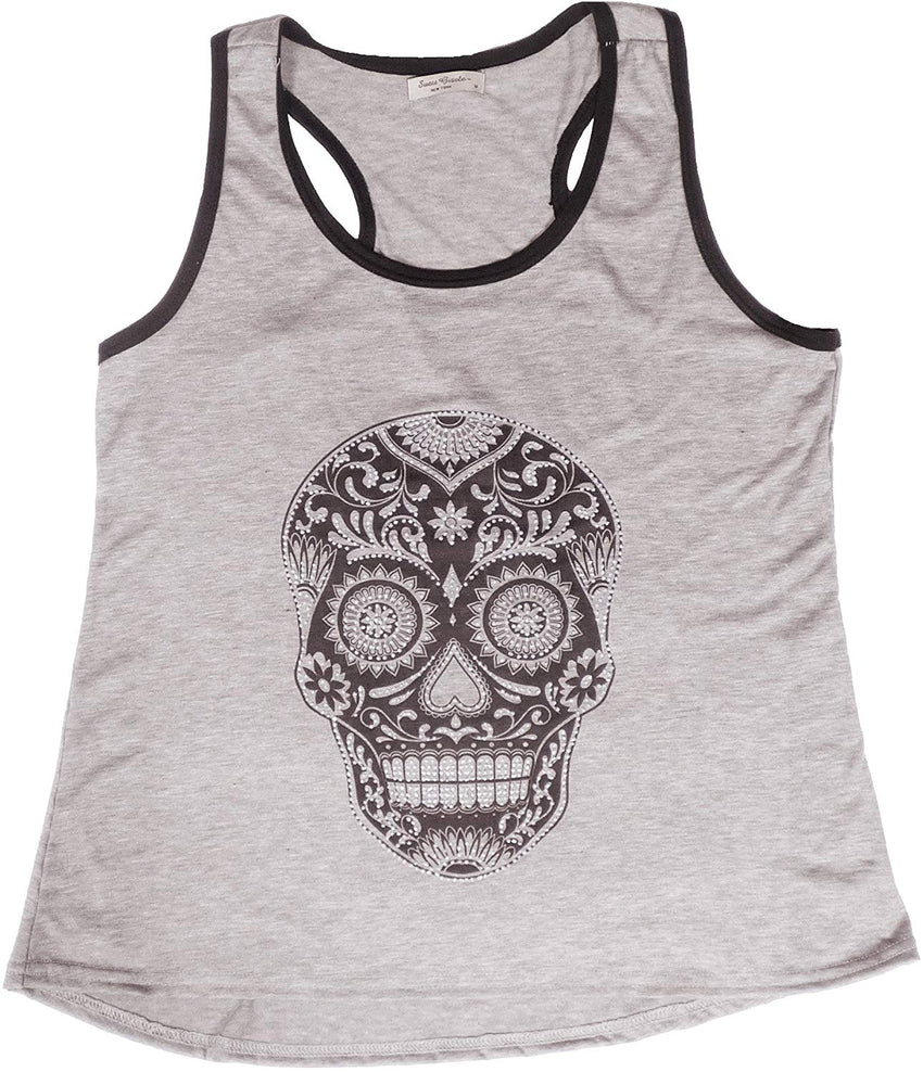 Sugar Skull Shirts for Women V Neck T Shirt Tee Beautiful Print Decorated with Rhinestones Grey 2