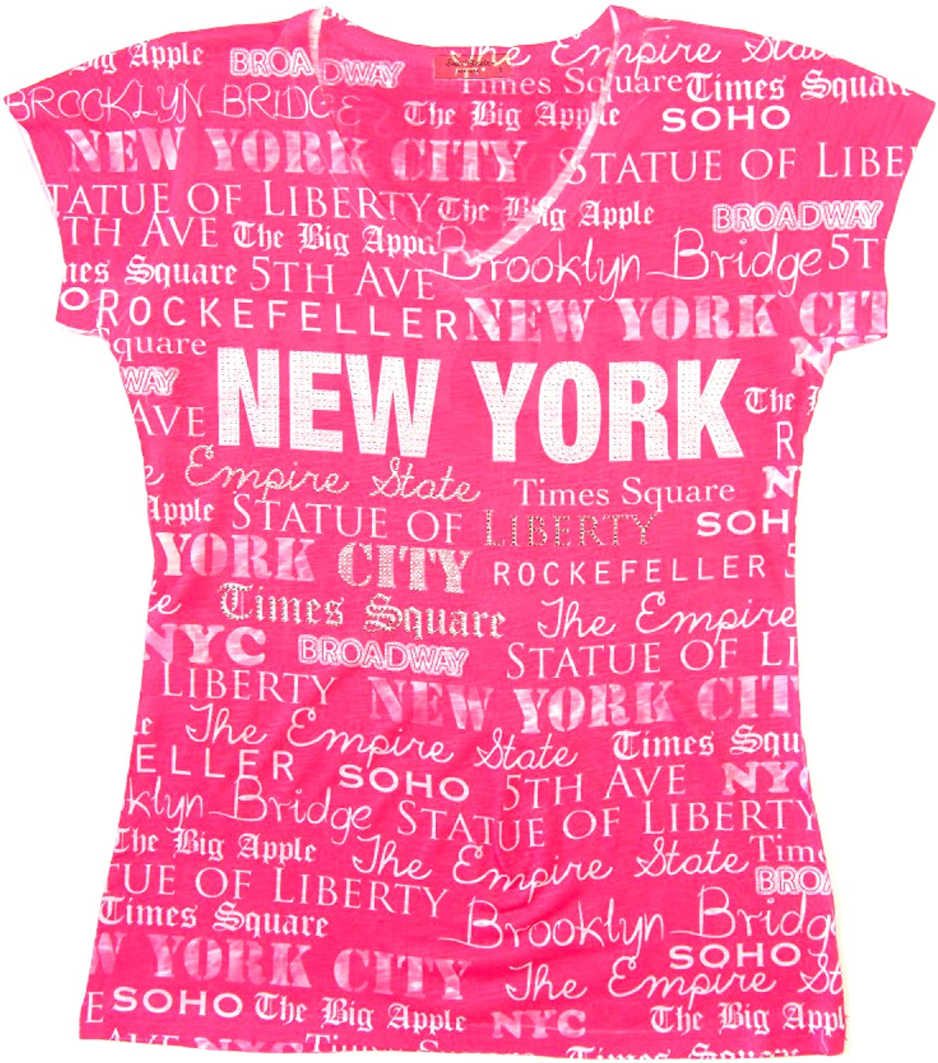 New York NYC T Shirt Colorful and Vivid Printing Decorated with Rhinestones Pink 2