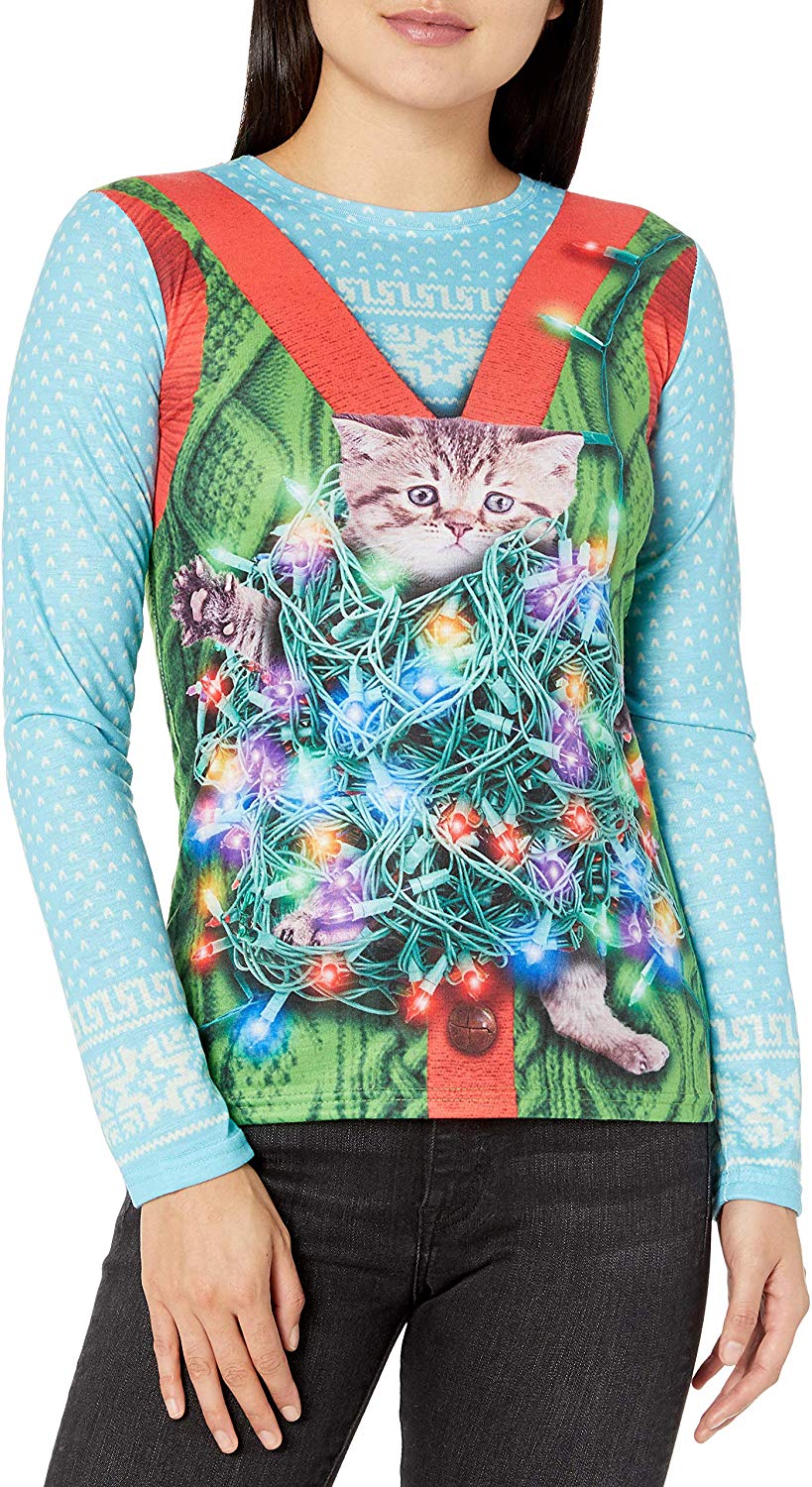 Women's 3D Photo Realistic Ugly Christmas Sweater Long Sleeve T Shirt Trapped Cat