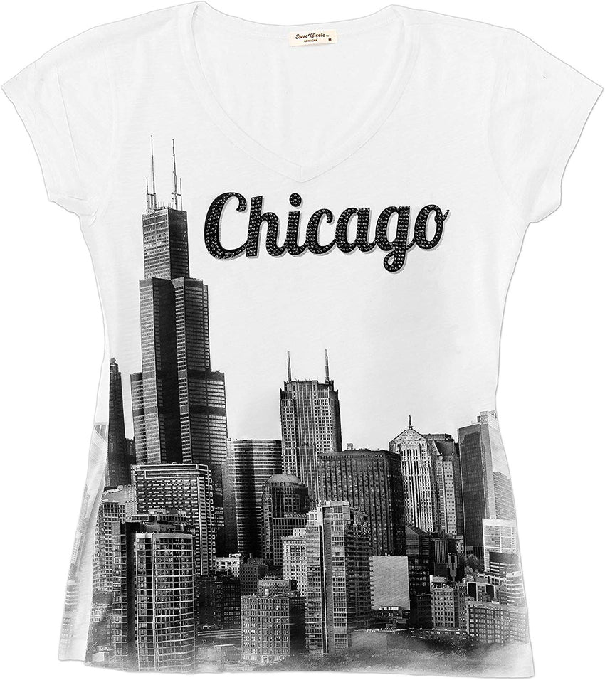 Chicago T Shirts for Women V Neck Skyline Design Rhinestones Grey or White White