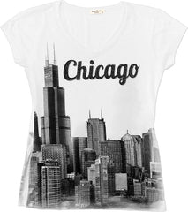 Chicago T Shirts for Women V Neck Skyline Design Rhinestones Grey or White White