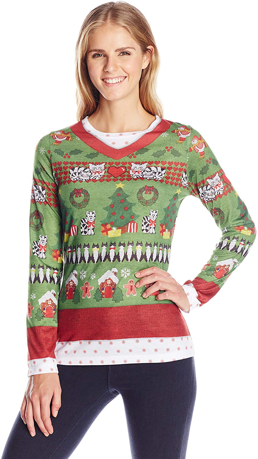 Women's 3D Photo Realistic Ugly Christmas Sweater Long Sleeve T Shirt Xmas Sweater With Cats