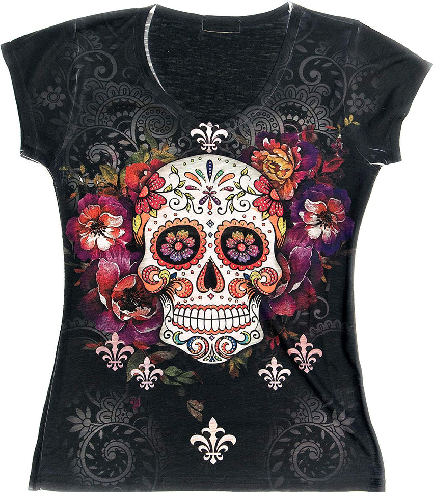 Sugar Skull Shirts for Women V Neck T Shirt Tee Beautiful Print Decorated with Rhinestones Black