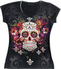 Sugar Skull Shirts for Women V Neck T Shirt Tee Beautiful Print Decorated with Rhinestones Black