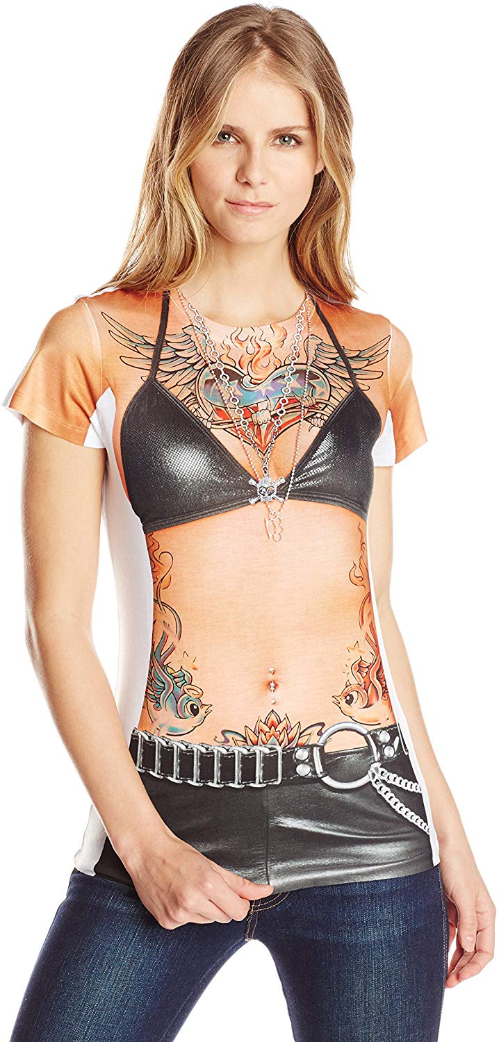 Women's Halloween 3D Photo Realistic Short Sleeve T Shirt Leather and Tattoos
