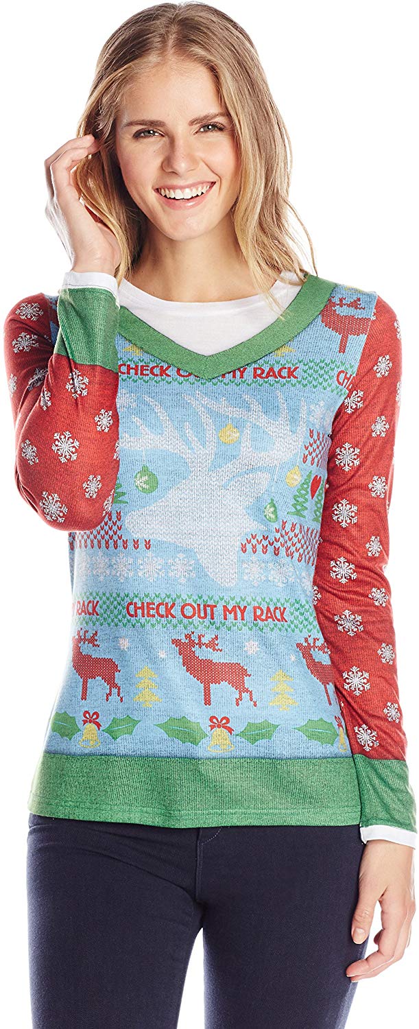 Women's 3D Photo Realistic Ugly Christmas Sweater Long Sleeve T Shirt Check Out My Rack