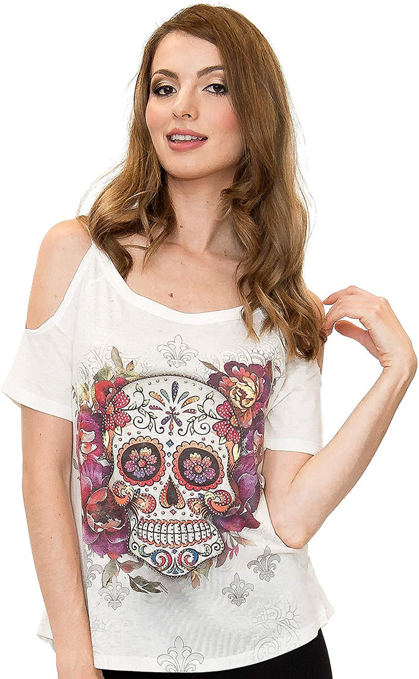 Sugar Skull Shirts for Women V Neck T Shirt Tee Beautiful Print Decorated with Rhinestones White 1