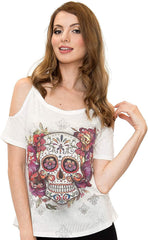 Sugar Skull Shirts for Women V Neck T Shirt Tee Beautiful Print Decorated with Rhinestones White 1